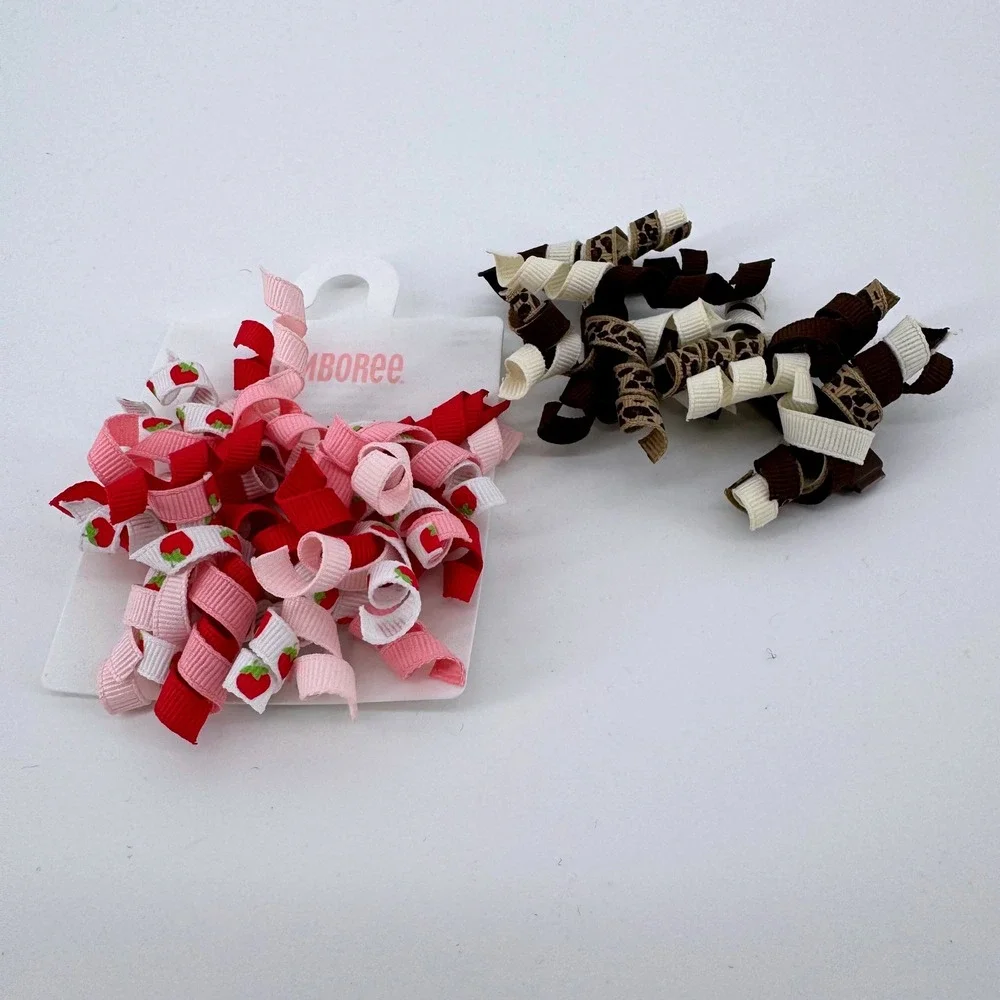 2 pr Gymboree Hair‎ Clips Pink Brown Strawberry Leopard Korker Ribbon 4pc Set